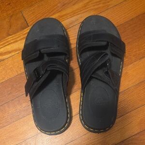 Dr. Martens Black Slide Sandals with Yellow Stitching
